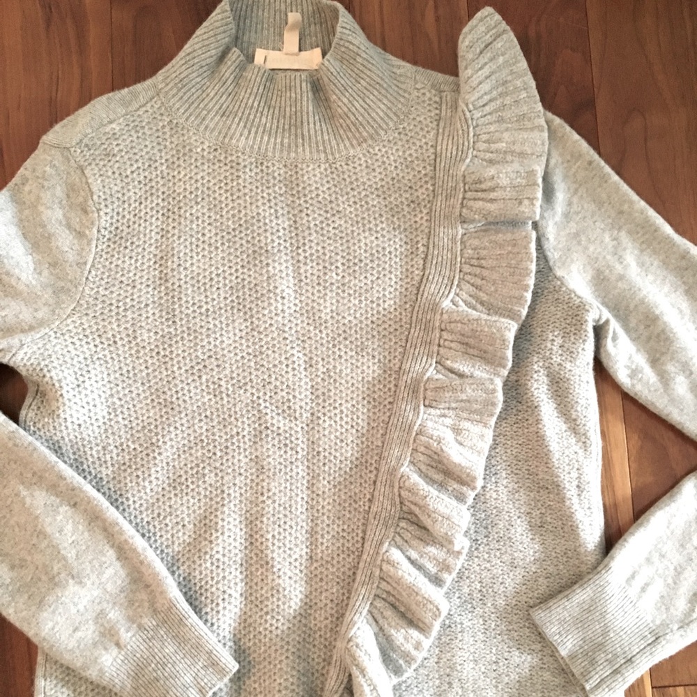 Cashmere REBECCA TAYLOR XS mock turtle neck asymmetrical ruffle grey sweater